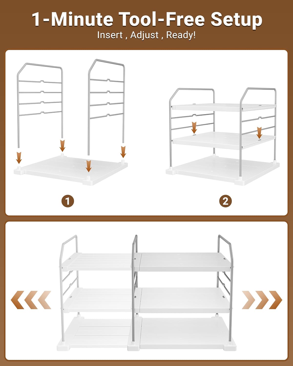 tool-free one-minute assembly with included trays and metal side frame