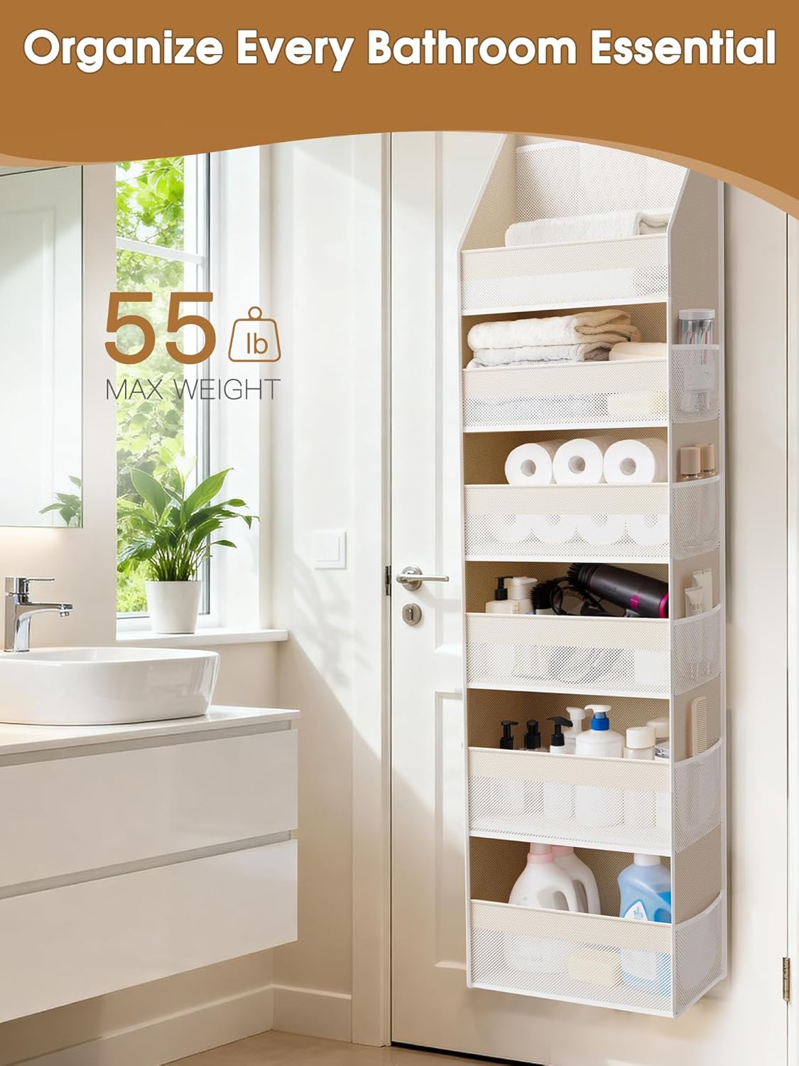 tool-free over-the-door hanging with included hooks; folds flat for compact storage
