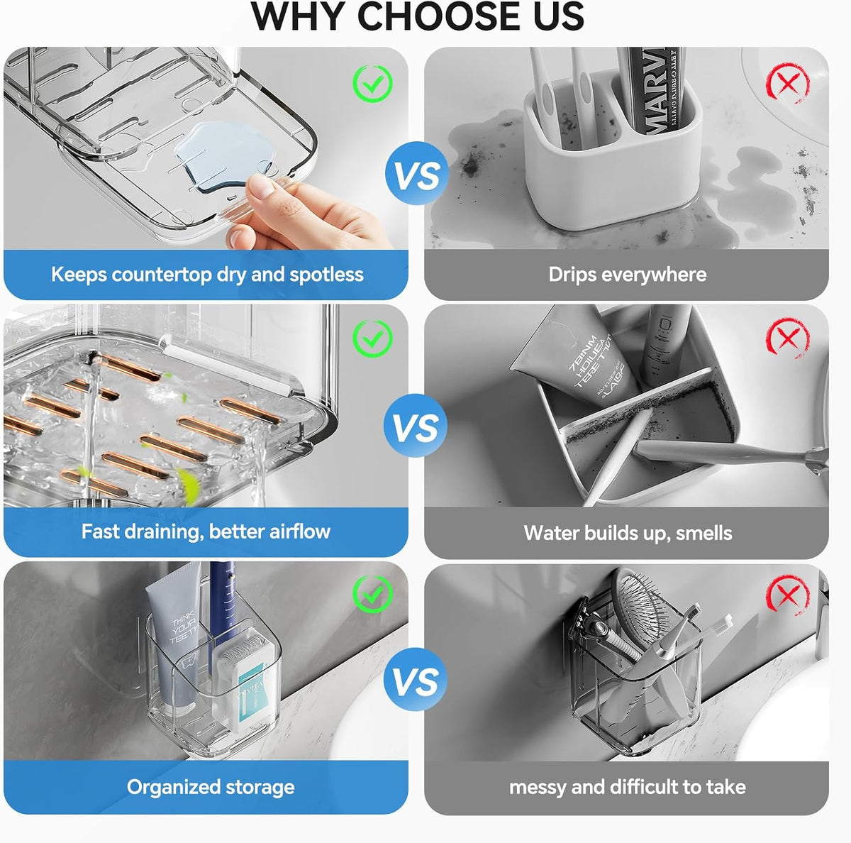 tool-free wall installation using strong adhesive strips on tile, glass, mirror, or wood