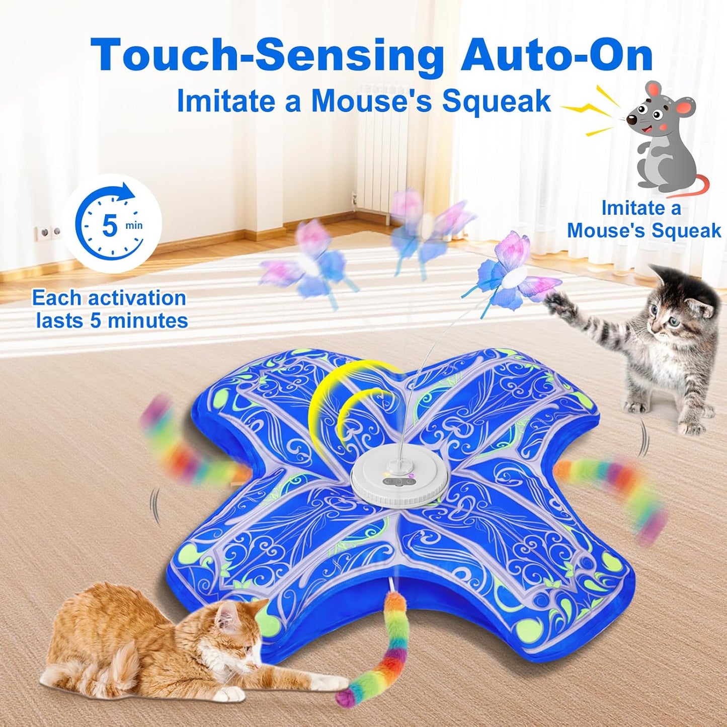 touch-sensitive activation triggering 5-minute automatic play sessions with 20-second standby indicator