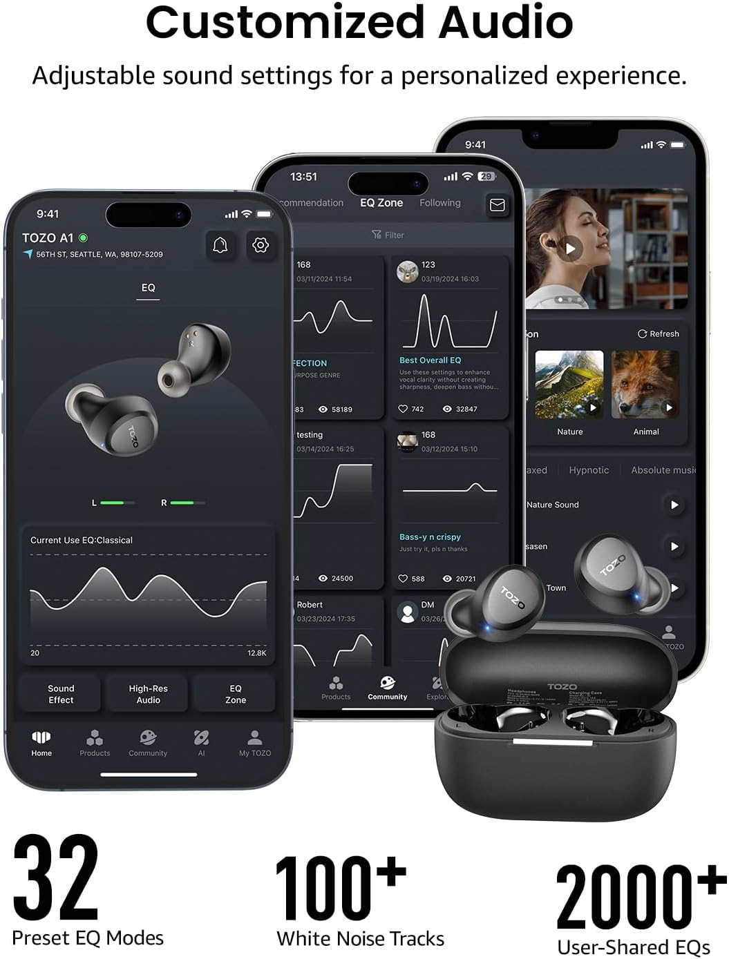 TOZO A1 Personalized Earbuds Gift for Side Sleepers and Travelers, 3.7g In-Ear Headphones with USB-C Charging Case