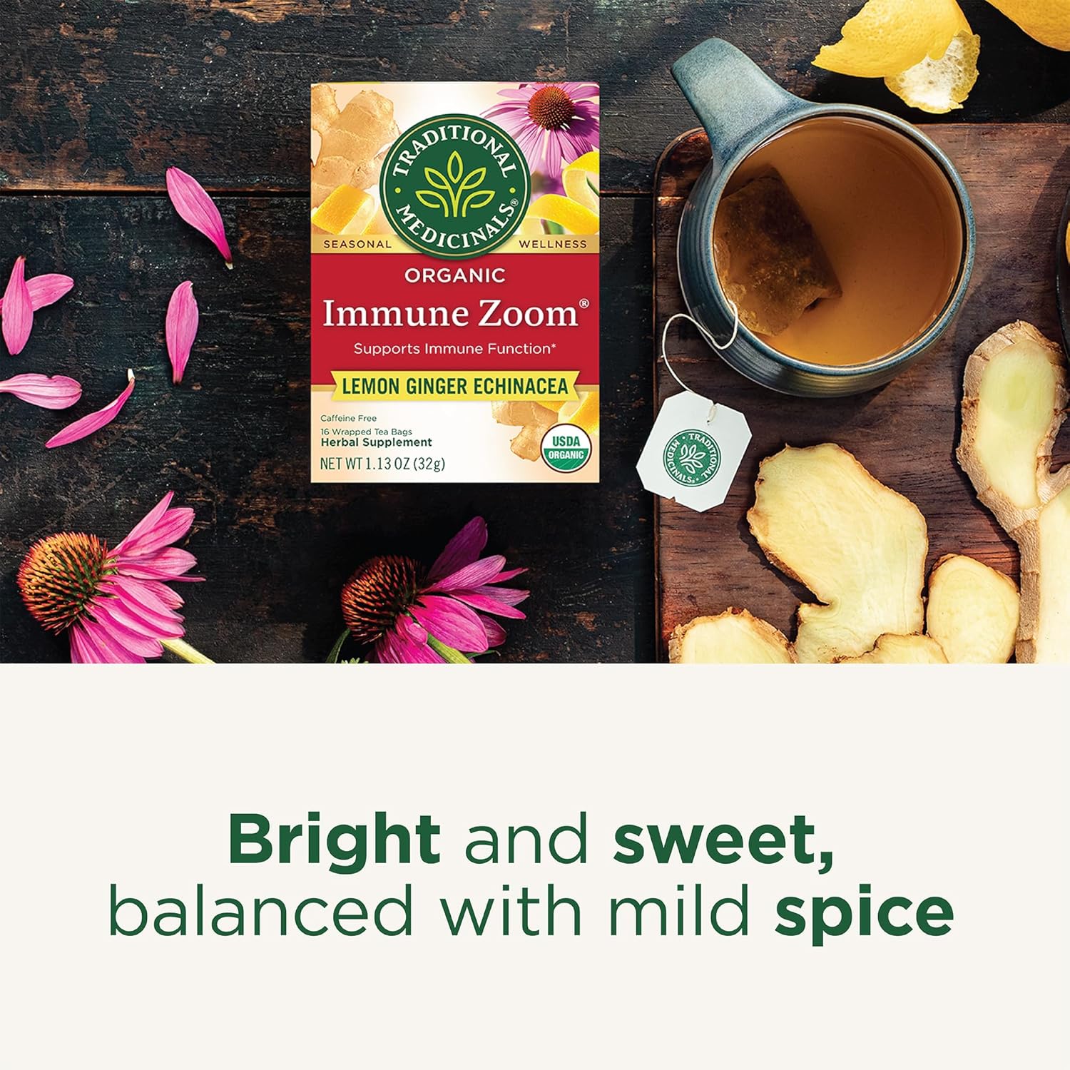 Traditional Medicinals Organic Immune Zoom Lemon Ginger Tea - Bedside Nightstand Tea for Evening Wind-Down Ritual