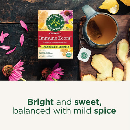 Traditional Medicinals Organic Immune Zoom Lemon Ginger Tea - Bedside Nightstand Tea for Evening Wind-Down Ritual
