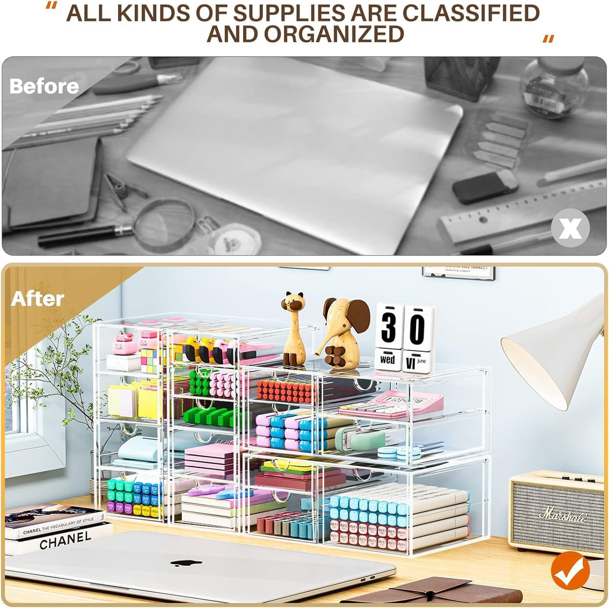 transparent panels for full visibility of contents without opening drawers