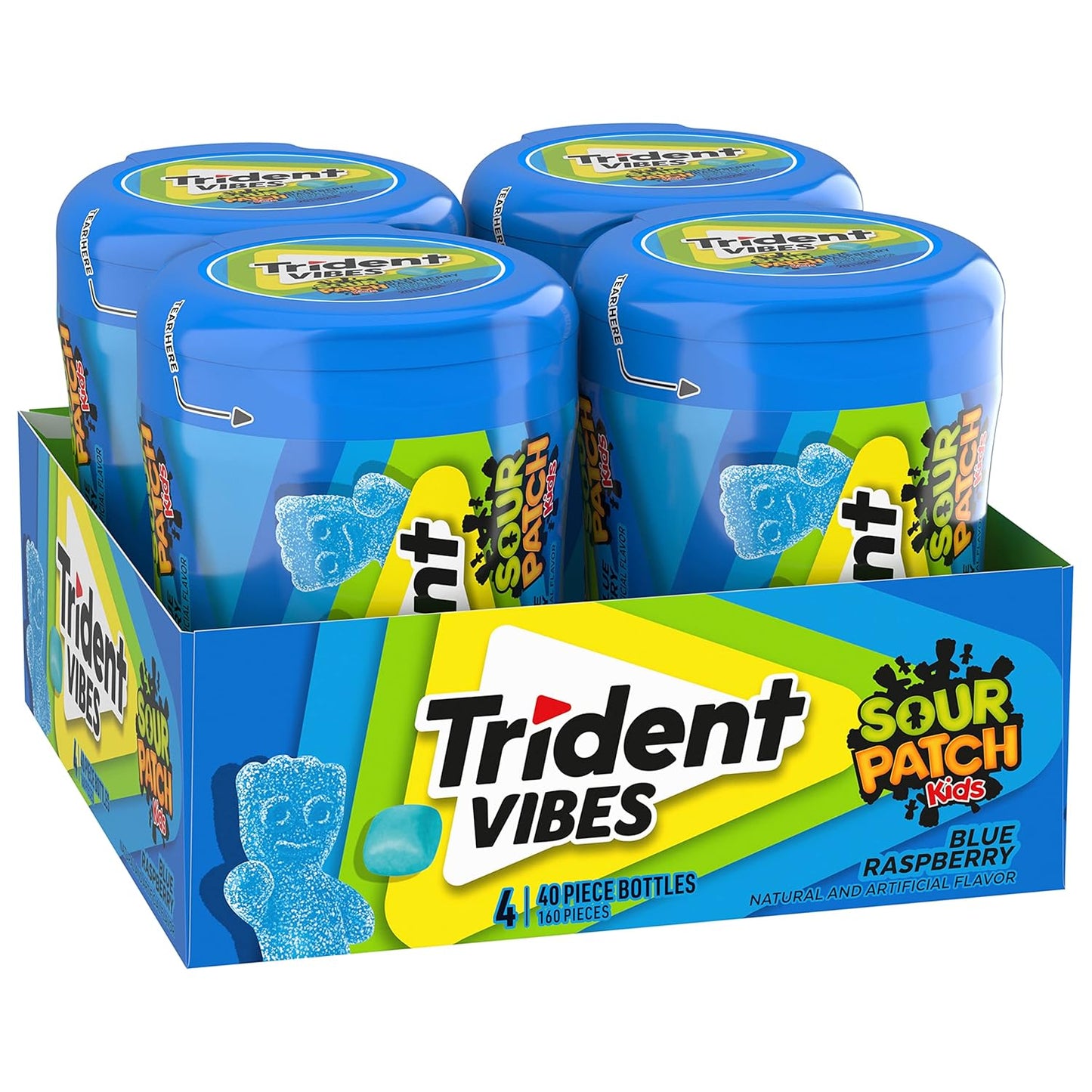 Trident Vibes SOUR PATCH KIDS Blue Raspberry Chewing Gum – Home Office and Study Break Pick-Me-Up, 4 Bottles of 40 Pieces