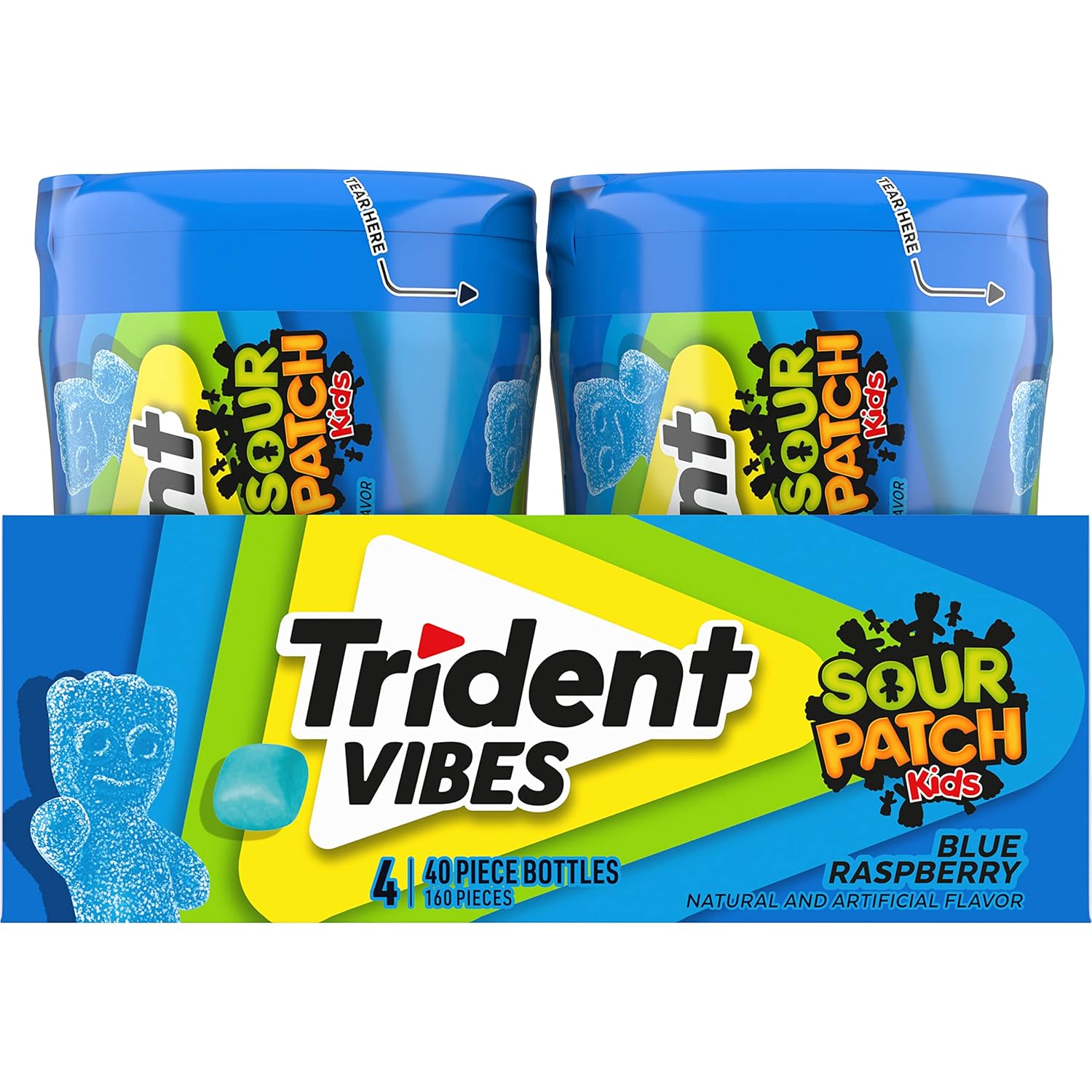 Trident Vibes SOUR PATCH KIDS Blue Raspberry Chewing Gum – Home Office and Study Break Pick-Me-Up, 4 Bottles of 40 Pieces
