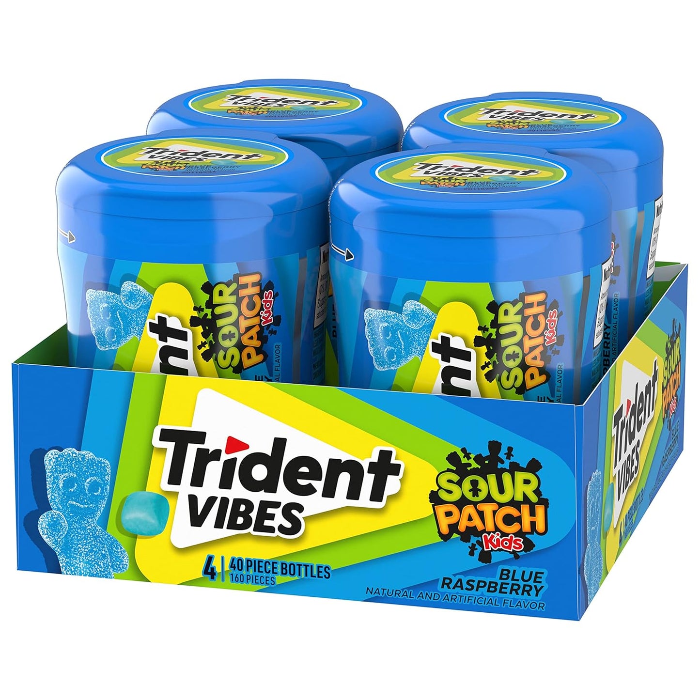 Trident Vibes SOUR PATCH KIDS Blue Raspberry Chewing Gum – Home Office and Study Break Pick-Me-Up, 4 Bottles of 40 Pieces