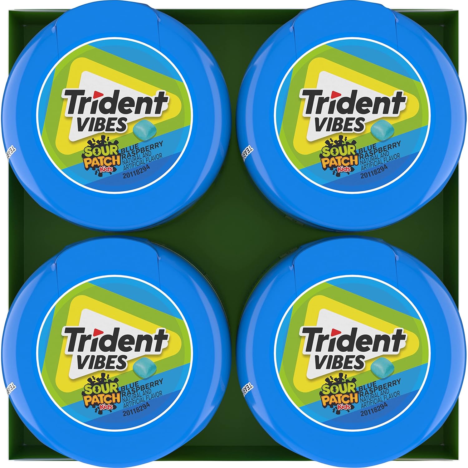 Trident Vibes SOUR PATCH KIDS Blue Raspberry Chewing Gum – Home Office and Study Break Pick-Me-Up, 4 Bottles of 40 Pieces