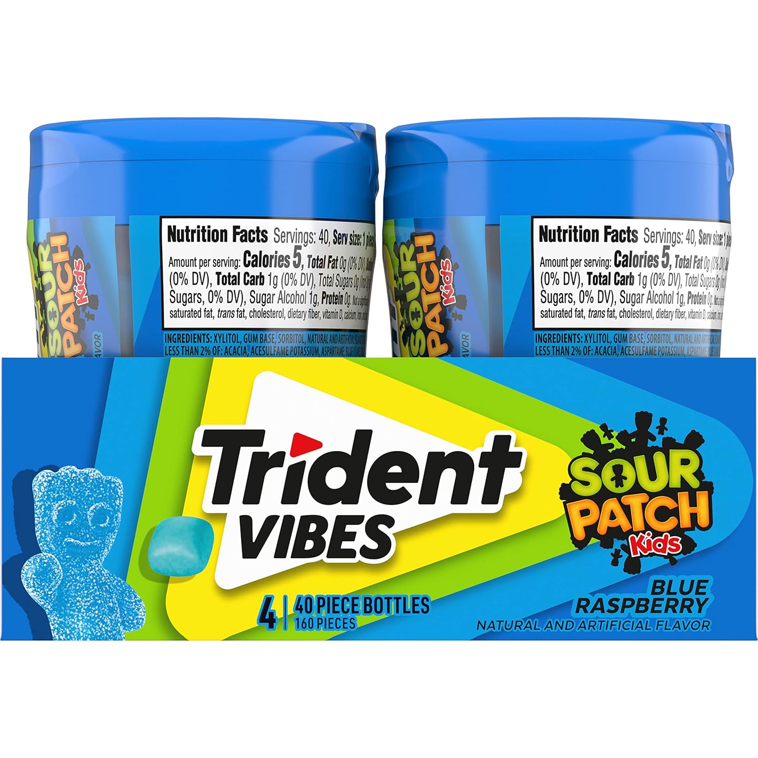 Trident Vibes SOUR PATCH KIDS Blue Raspberry Chewing Gum – Home Office and Study Break Pick-Me-Up, 4 Bottles of 40 Pieces