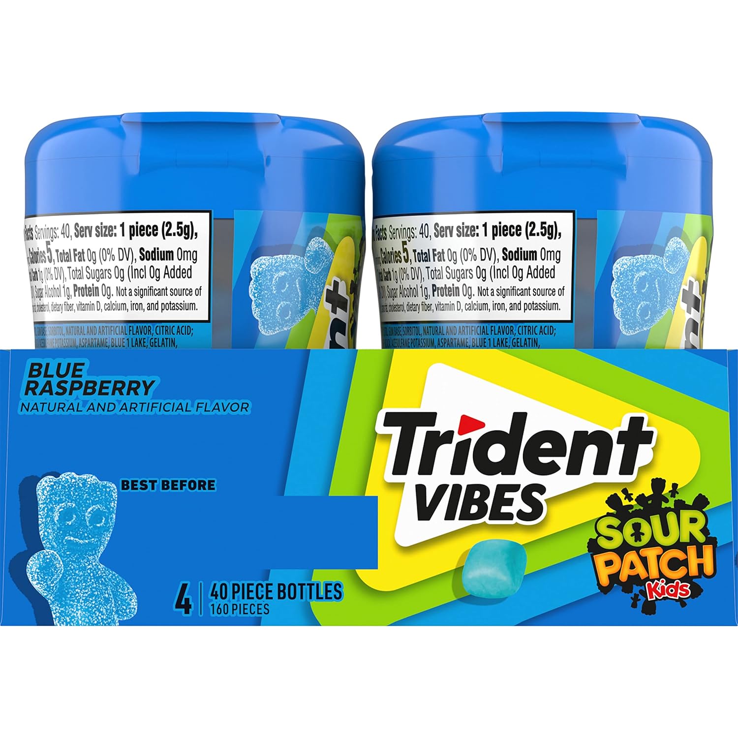 Trident Vibes SOUR PATCH KIDS Blue Raspberry Chewing Gum – Home Office and Study Break Pick-Me-Up, 4 Bottles of 40 Pieces