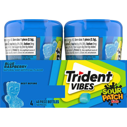 Trident Vibes SOUR PATCH KIDS Blue Raspberry Chewing Gum – Home Office and Study Break Pick-Me-Up, 4 Bottles of 40 Pieces