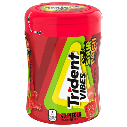 Trident Vibes SOUR PATCH KIDS Blue Raspberry Sugar-Free Gum – Locker and Backpack Stash for Students, 4 Bottles x 40 Pieces