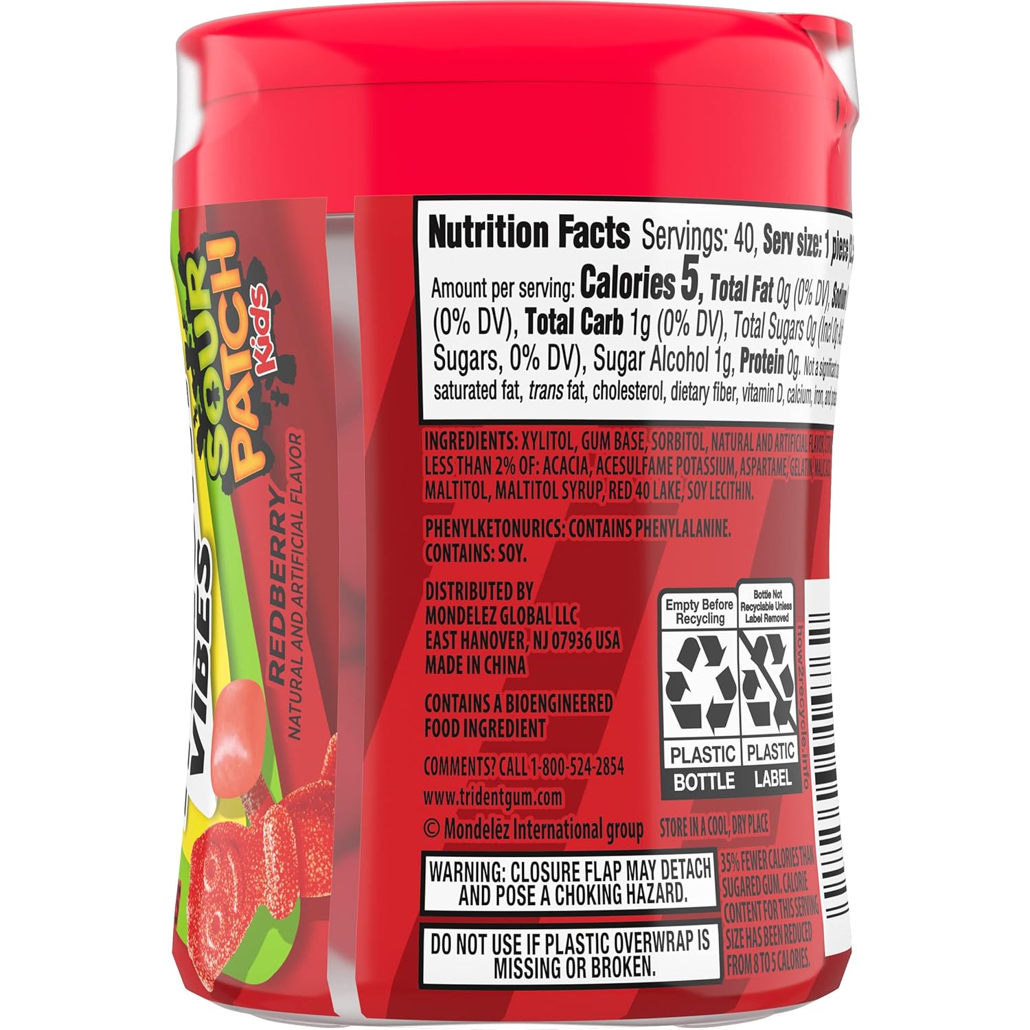 Trident Vibes SOUR PATCH KIDS Blue Raspberry Sugar-Free Gum – Locker and Backpack Stash for Students, 4 Bottles x 40 Pieces
