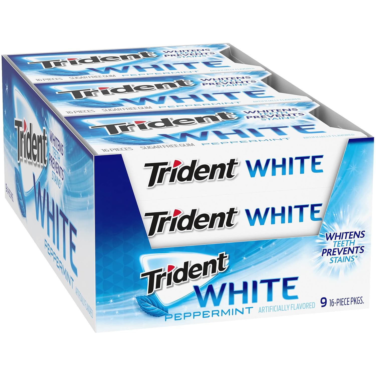 Trident White Chewing Gum – Sugar-Free Breath Care Companion for Mindful Wellness Routines, 9 Packs of 16 Pieces