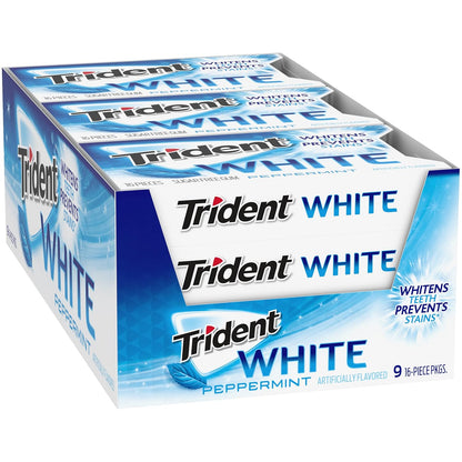 Trident White Chewing Gum – Sugar-Free Breath Care Companion for Mindful Wellness Routines, 9 Packs of 16 Pieces