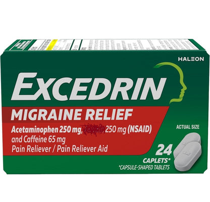 triple-action formula: 250 mg acetaminophen + 250 mg aspirin (nsaid) + 65 mg caffeine per caplet