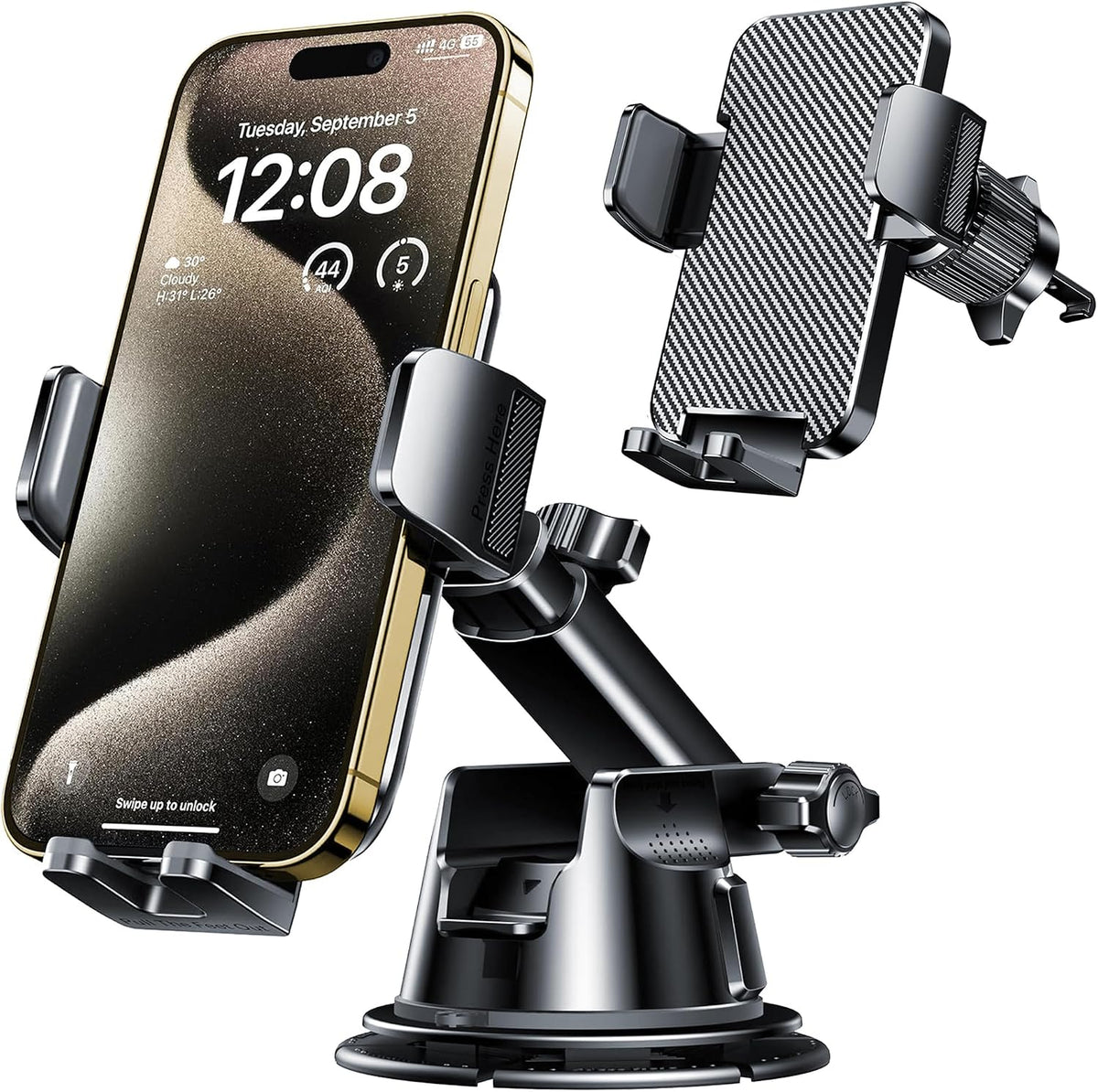 triple mounting system: dashboard, windshield, and air vent compatibility with upgrade air vent clip