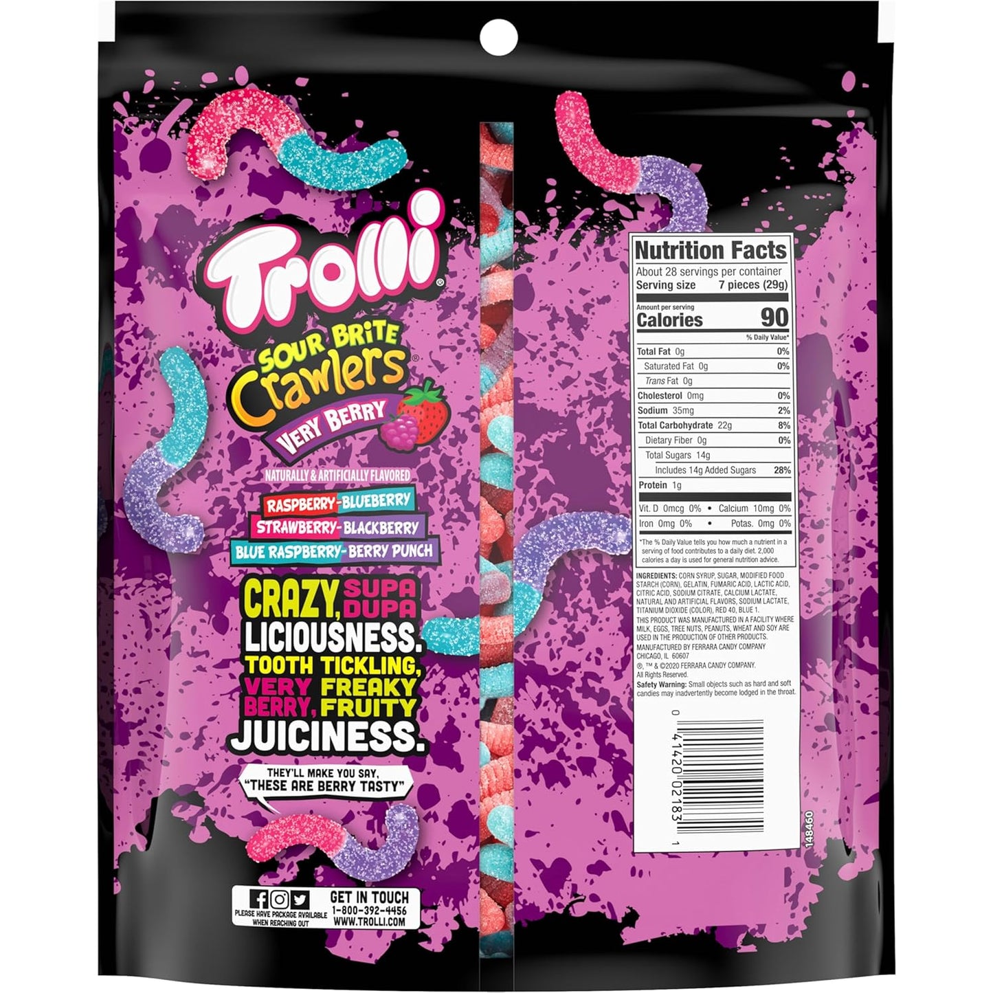 Trolli Sour Brite Crawlers Gummy Worms 28.8 oz Bulk Resealable Bag - Soft Chewy Sour Gummy Candy for Trick or Treat, Birthday Goody Bags, and Playdate Snacks