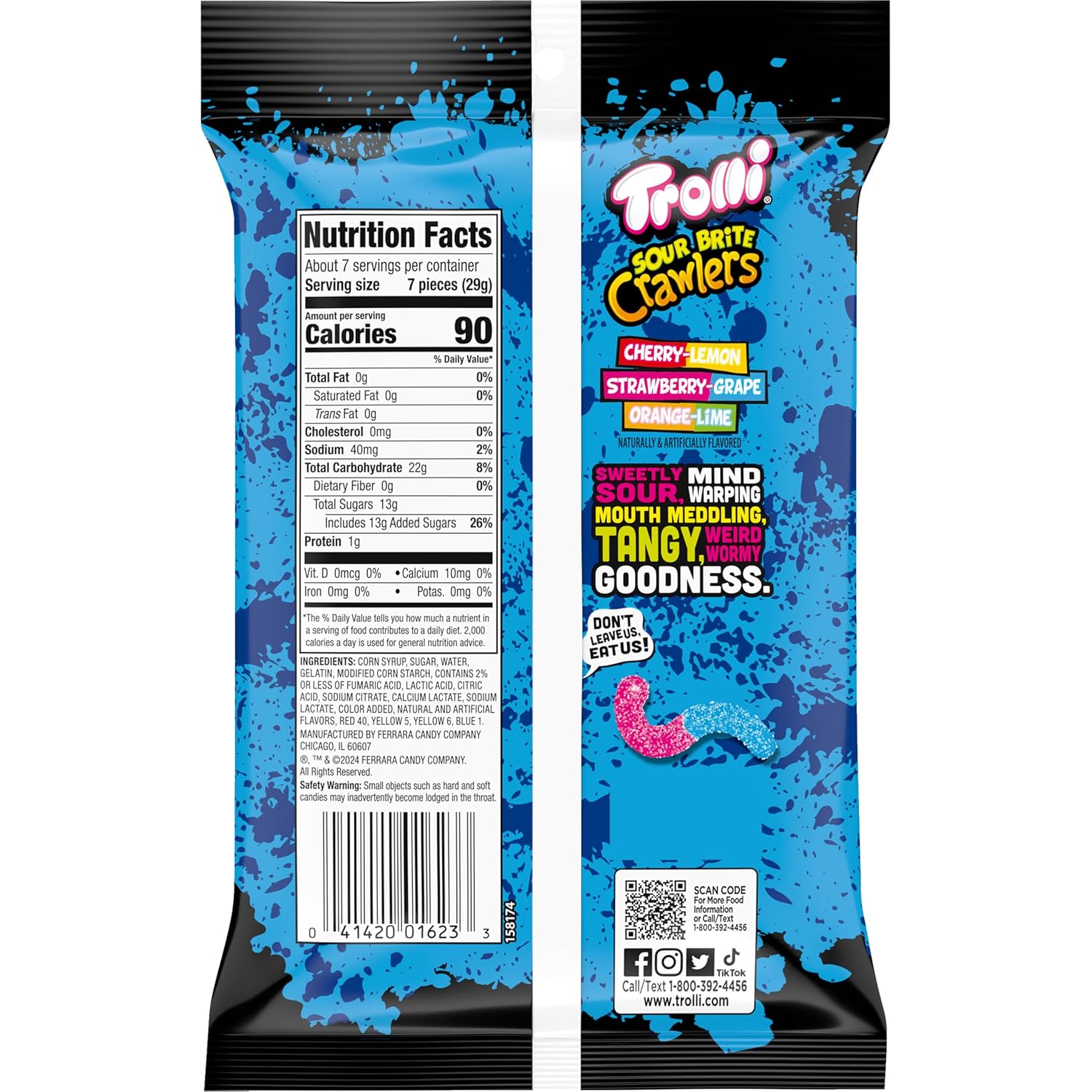 Trolli Sour Brite Crawlers Gummy Worms – Kids Candy for School Lunchboxes and Playdate Sharing, 7.2 oz Peg Bag