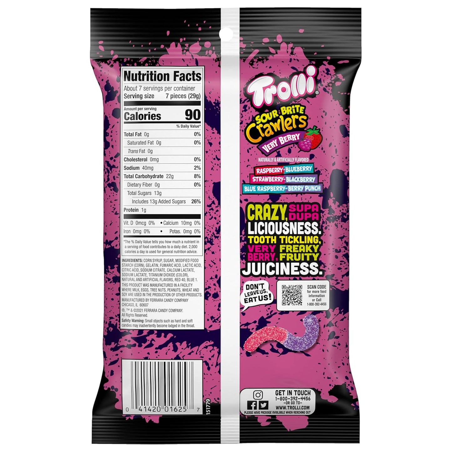Trolli Sour Brite Crawlers Very Berry Gummy Worms – Bright Colorful Candy Dish Filler for Family Room Snack Stations