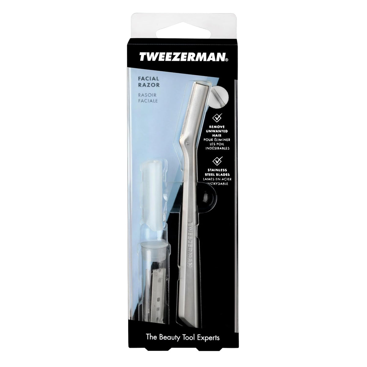 Tweezerman Facial Razor — High-End Alternative to Spa Dermaplaning, Polished Finish for the Dresser Top