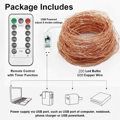 Twinkle Star 200 LED Copper String Lights – Clean Minimalist Bedroom Accent, 66 FT Neutral Warm White