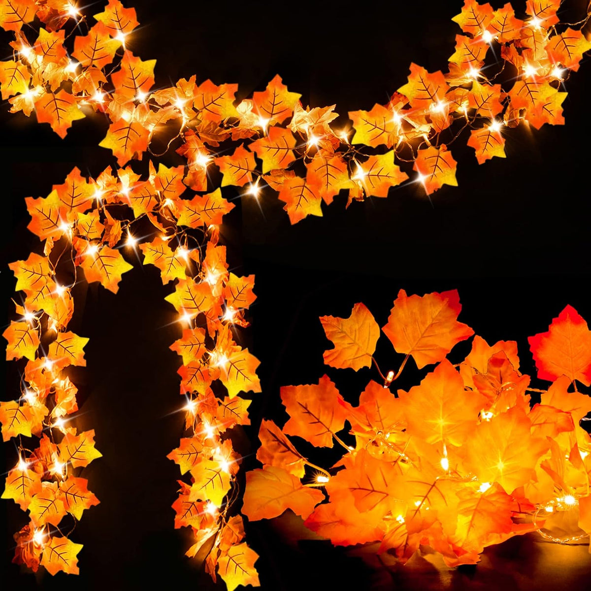 two 8.2ft strands totaling 16.4ft with 40 warm yellow leds and 80 polycarbonate maple leaves (2 leaves per led)