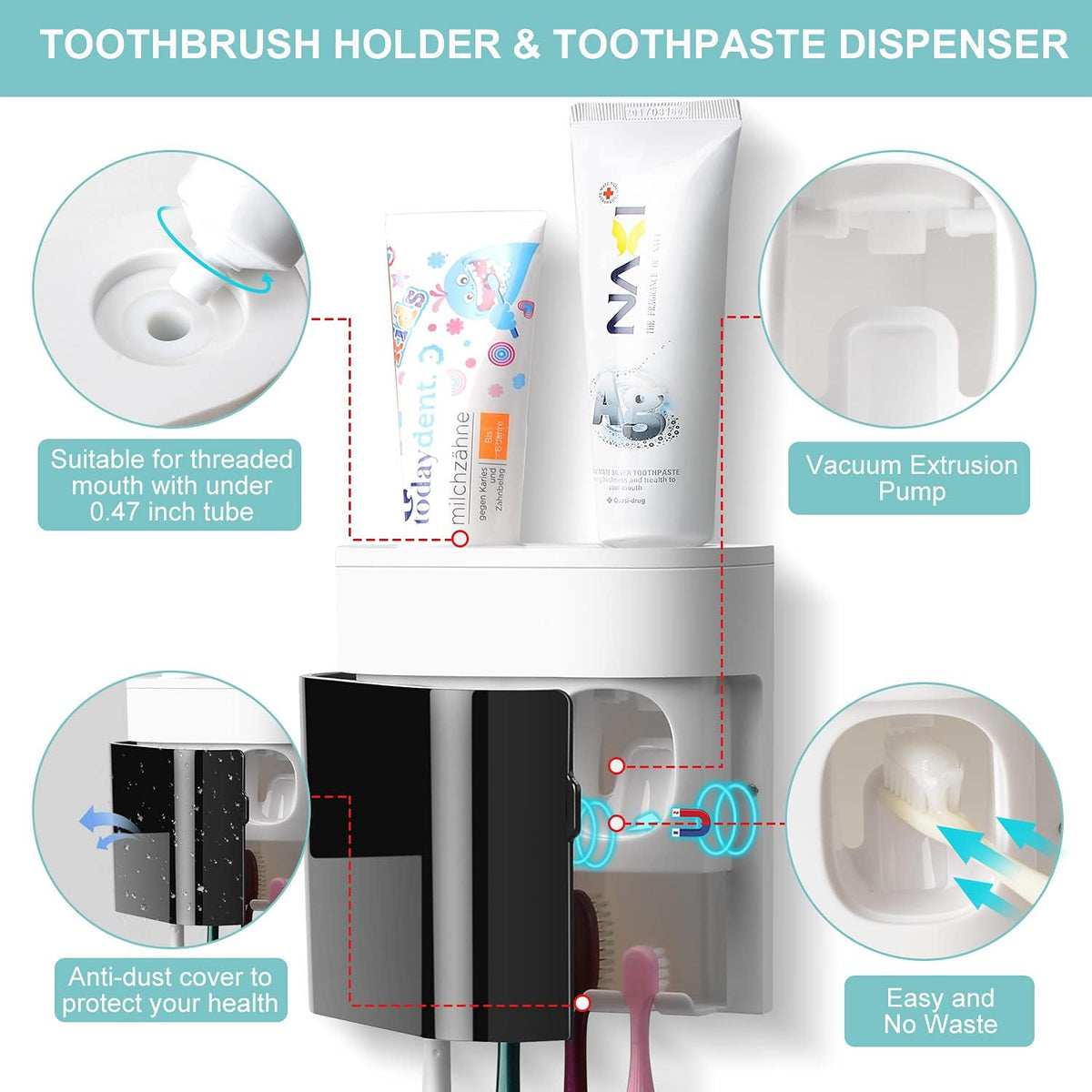 two automatic vacuum-extrusion toothpaste pumps sized for tubes under 0.47 inch diameter
