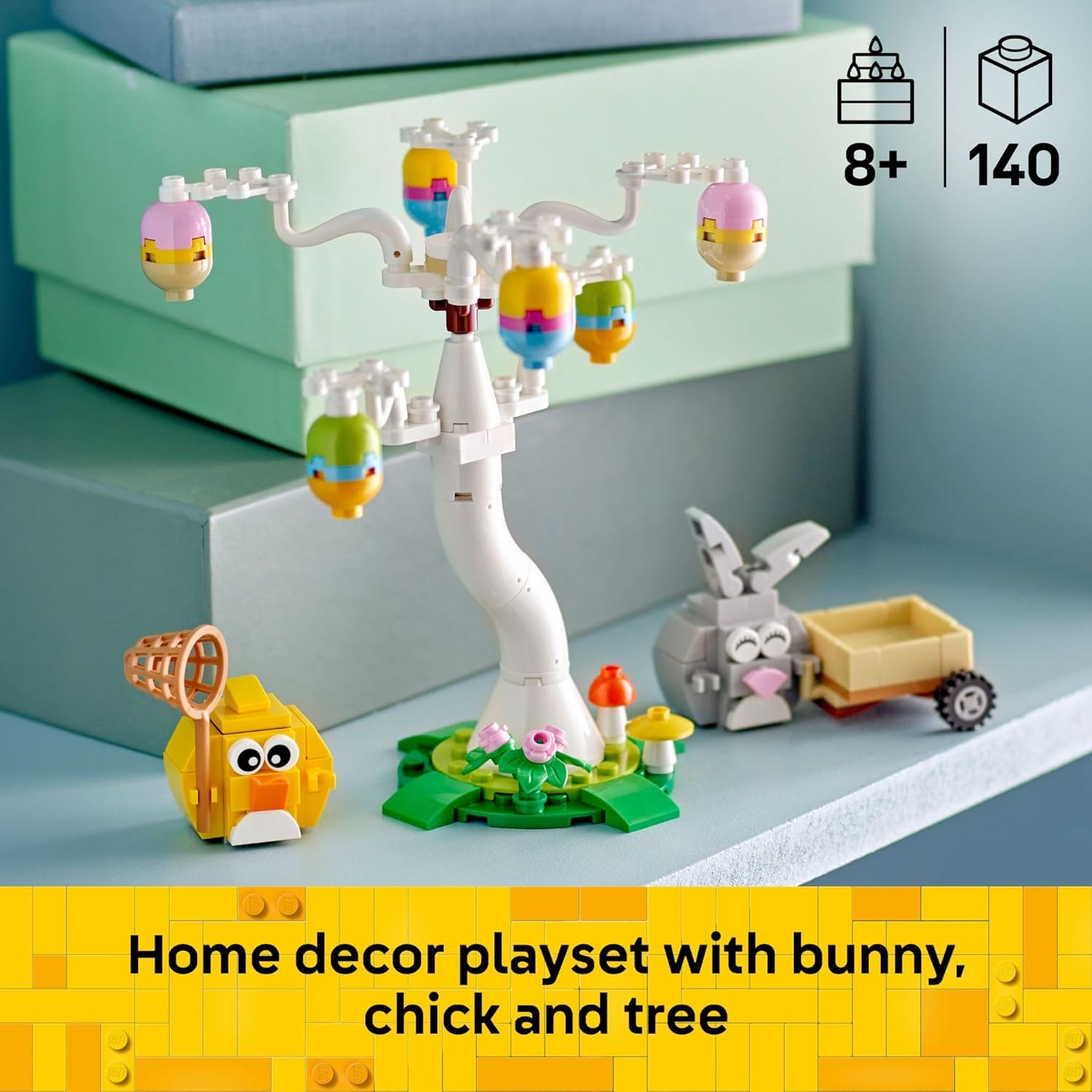 two brick-built animal figures: a mischievous easter bunny rabbit and a bright-eyed chick