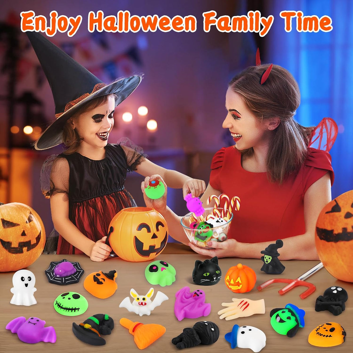 two bulk variants: 30-piece set or 50-piece set with included pumpkin bucket