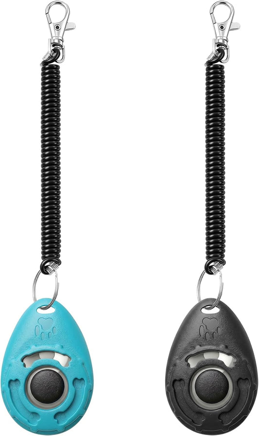 two-clickers-per-pack color coding (black + blue) for multi-trainer homes
