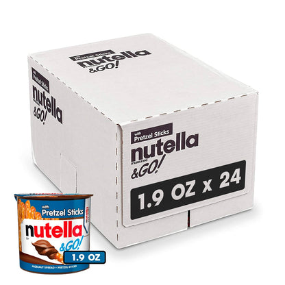 two-compartment snack cup with nutella hazelnut spread on one side and pretzel sticks on the other