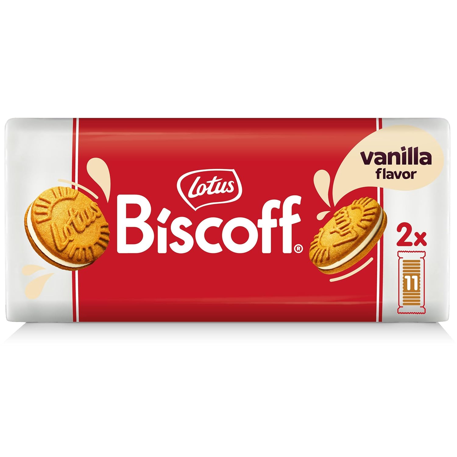 two crunchy biscoff biscuits sandwiching a smooth vanilla-flavored cream filling