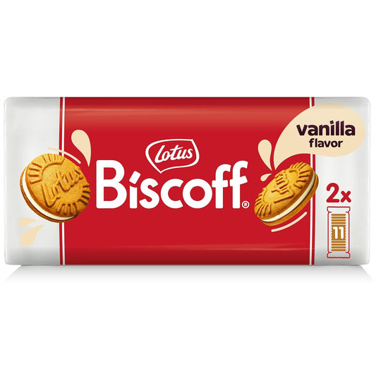 two crunchy biscoff biscuits sandwiching a smooth vanilla-flavored cream filling