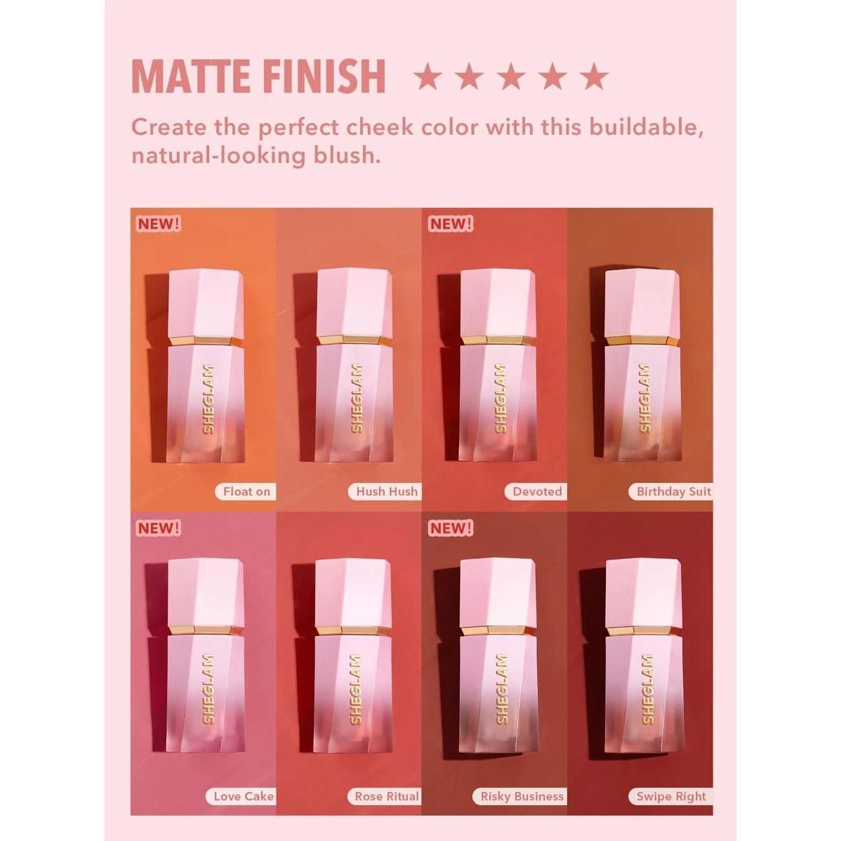 two finish families: matte variants (swipe right, risky business, devoted, float on, petal talk, on point, night drive) and shimmer variants (devoted, love cake, float on, risky business)