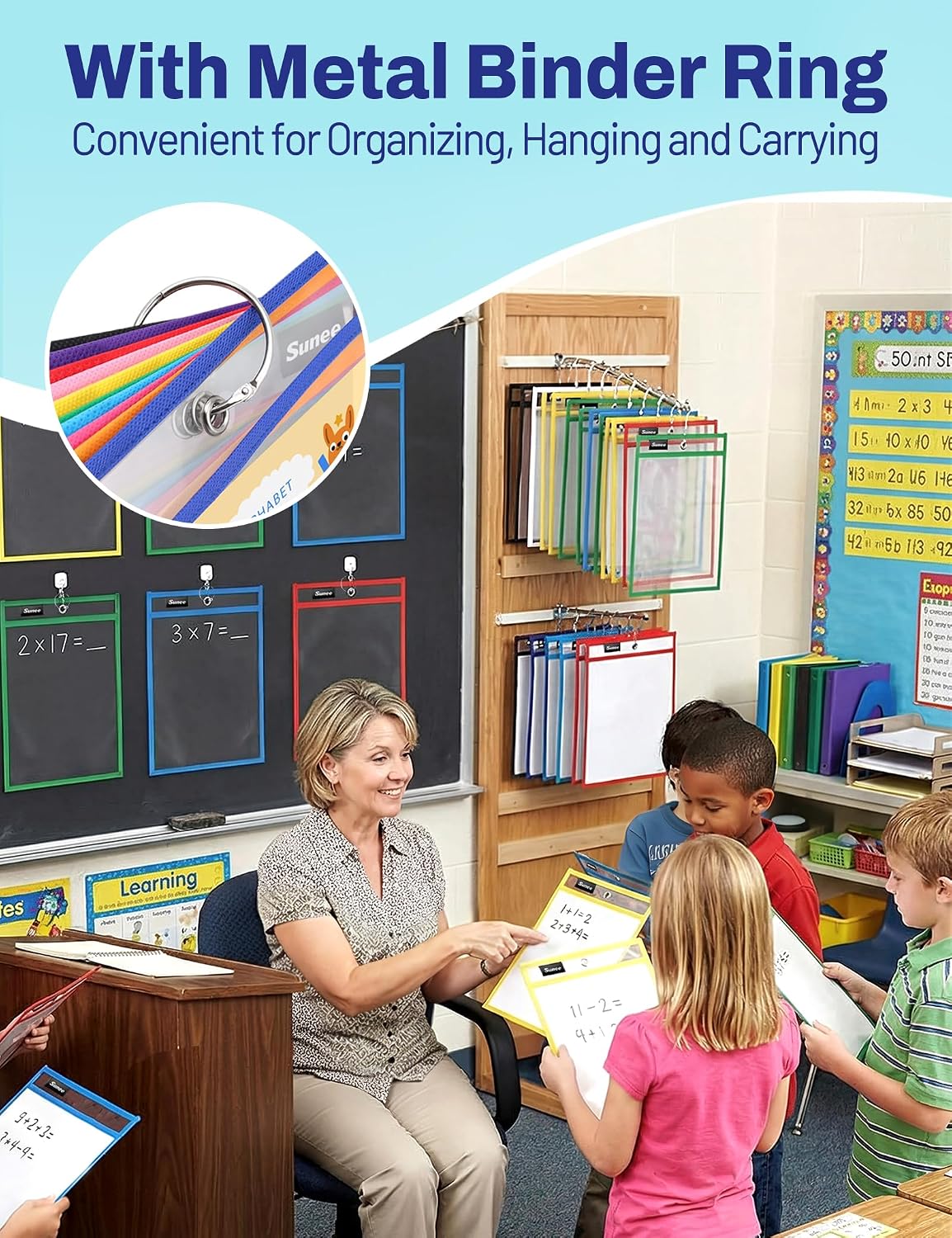 two included binder rings for storing filled pockets in a classroom binder system