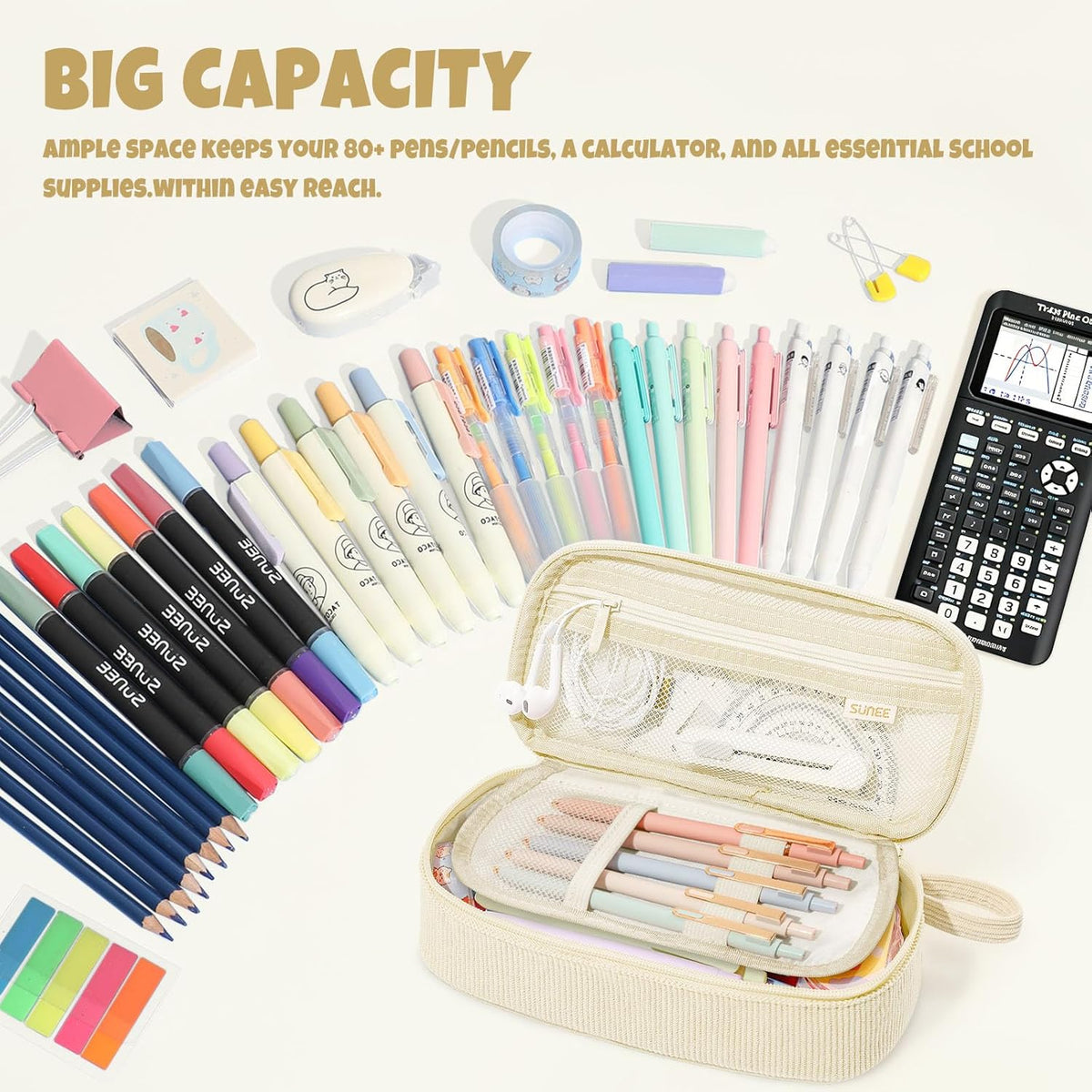 two main compartments plus elastic mesh pocket and dedicated pen slot