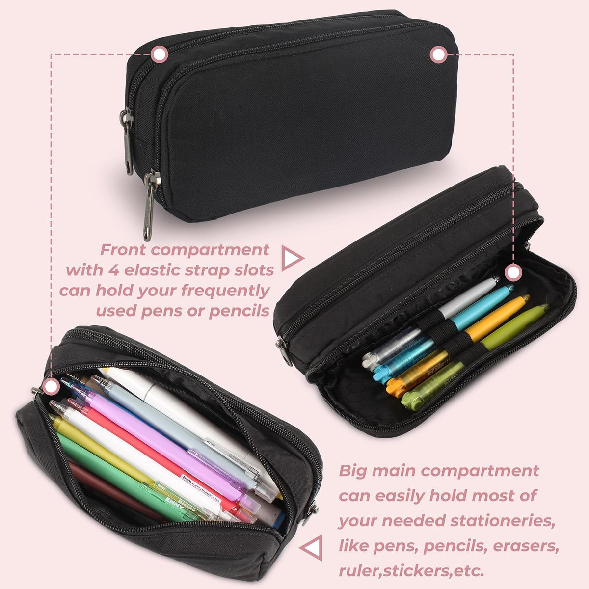 two main zippered compartments plus a dedicated front pocket (3 total sections)