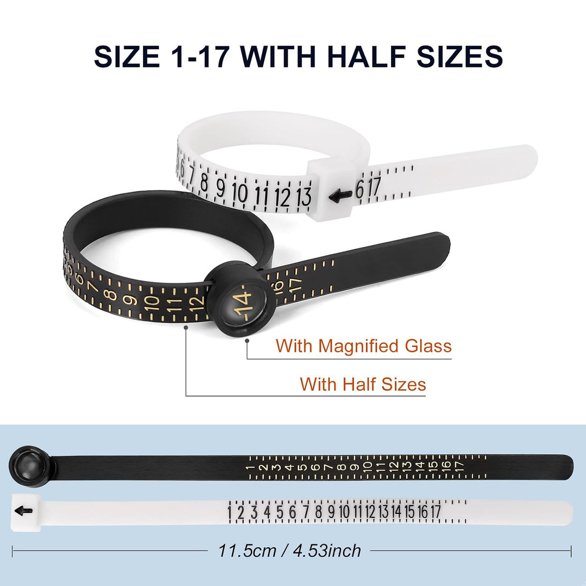 two reusable finger sizer belts covering sizes 1-17