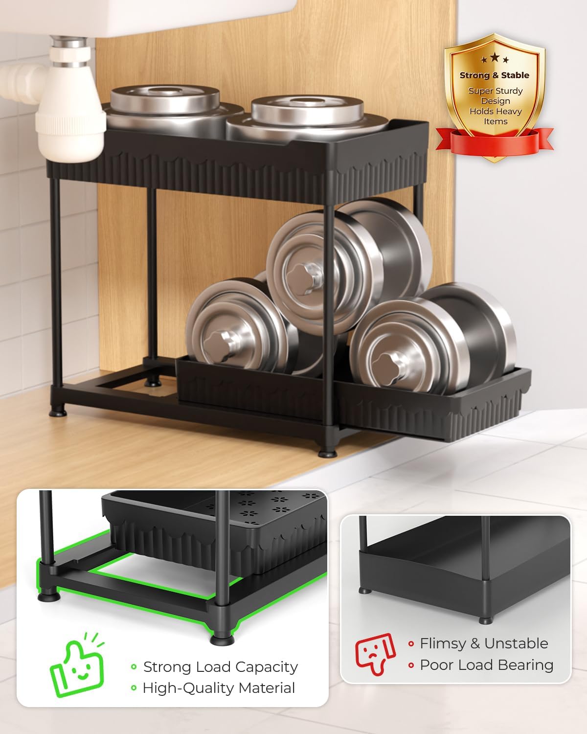 two size options (12.8 inch and 14.8 inch) to fit various cabinet depths
