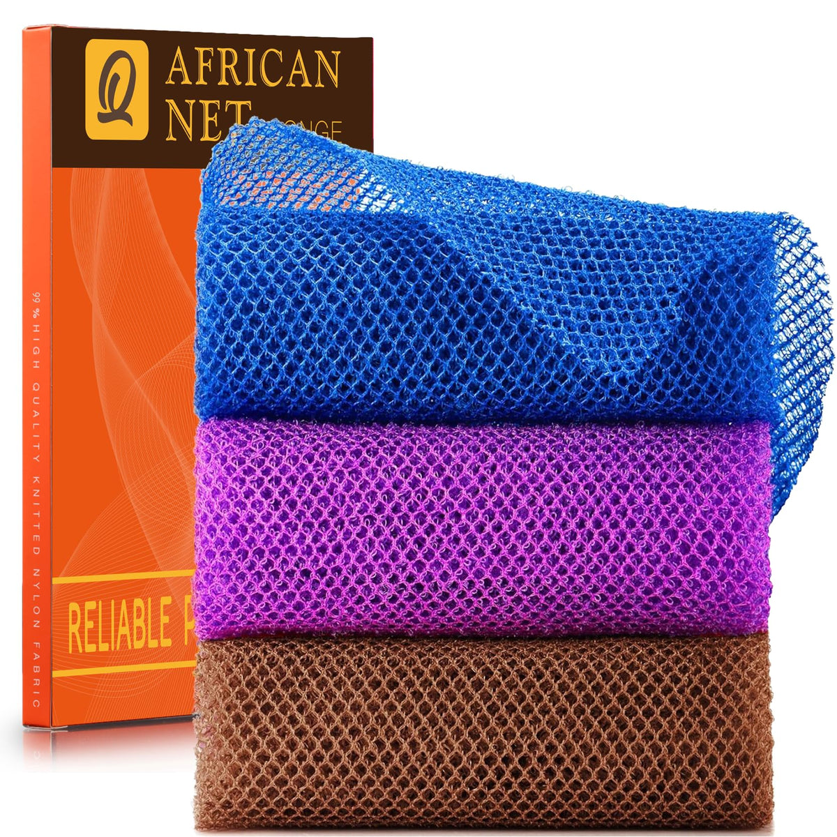 UJFQBH 3 Pieces African Bath Sponge African Net Long Net Bath Sponge Exfoliating Shower Body Scrubber Back Scrubber Skin Smoother,Great for Daily Use (Brown, Blue, Purple)