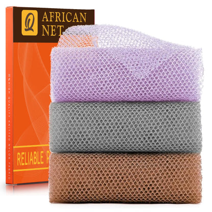 UJFQBH 3 Pieces African exfoliating net African Net Long Net Bath Sponge Exfoliating Shower Body Scrubber Back Scrubber Skin Smoother,Great for Daily Use (Purple、Gray、Brown)