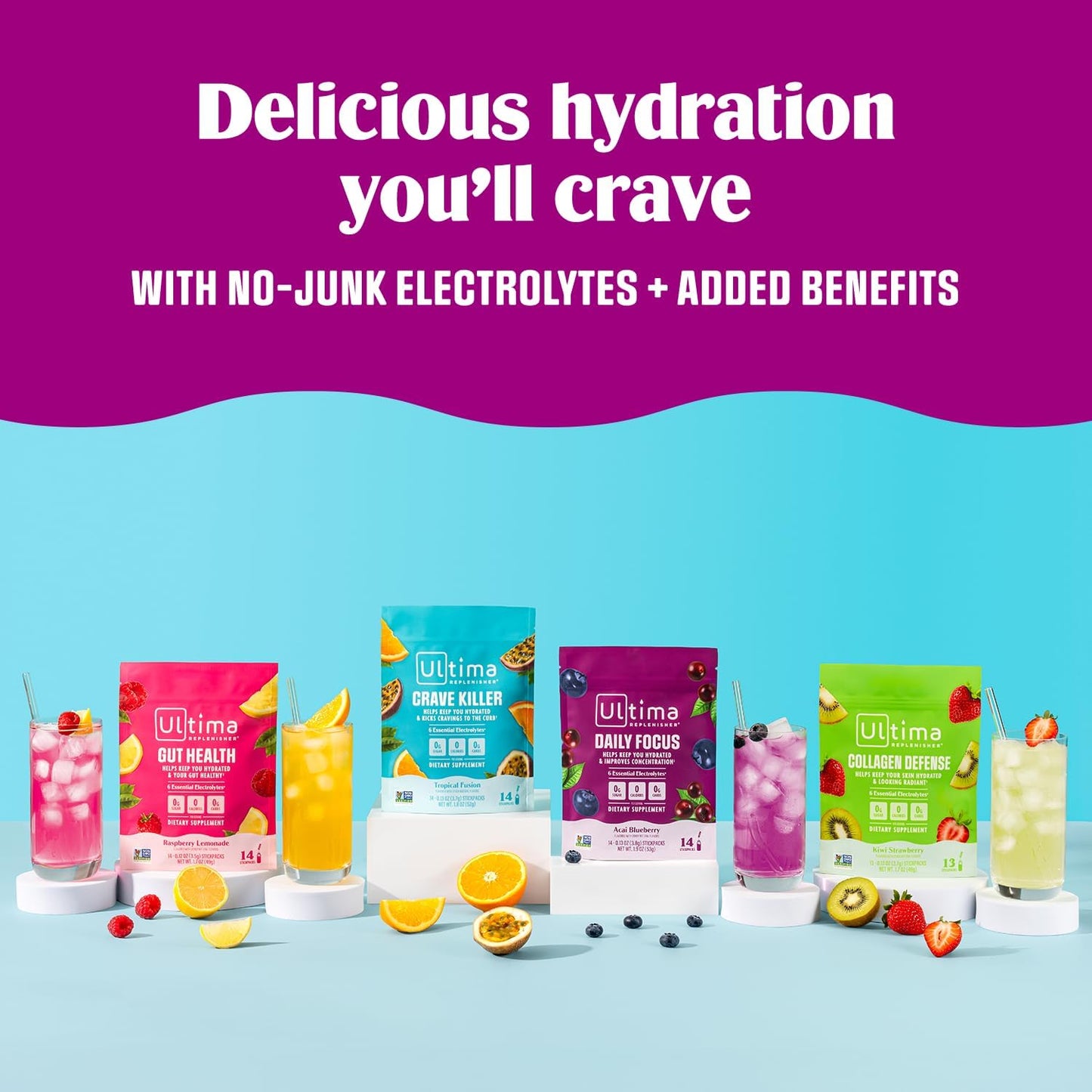Ultima Replenisher Desk Friendly Electrolyte Stickpacks - Raspberry Lemonade Gut Health Powder for Office Focus and Midday Hydration