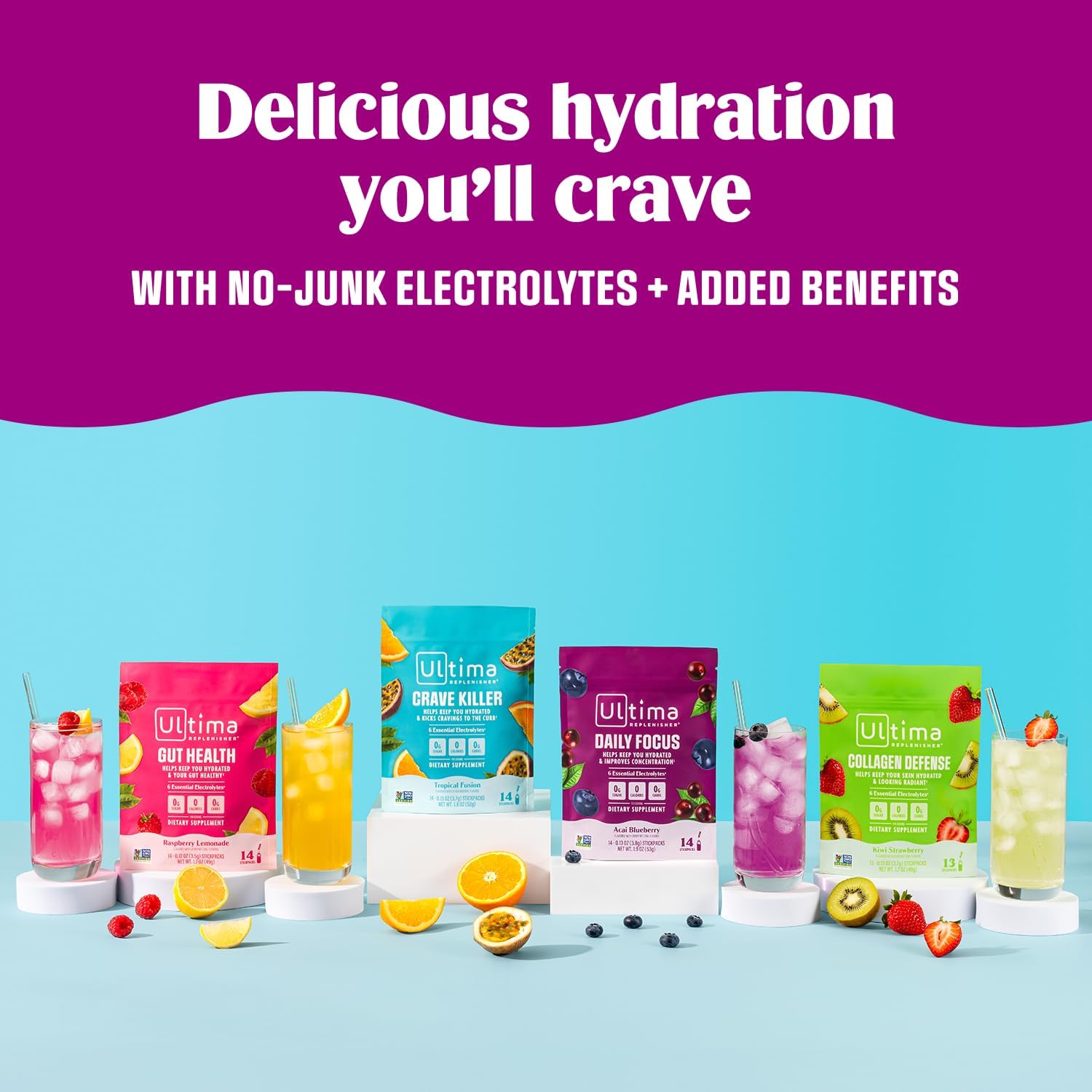Ultima Replenisher Desk Friendly Electrolyte Stickpacks - Raspberry Lemonade Gut Health Powder for Office Focus and Midday Hydration
