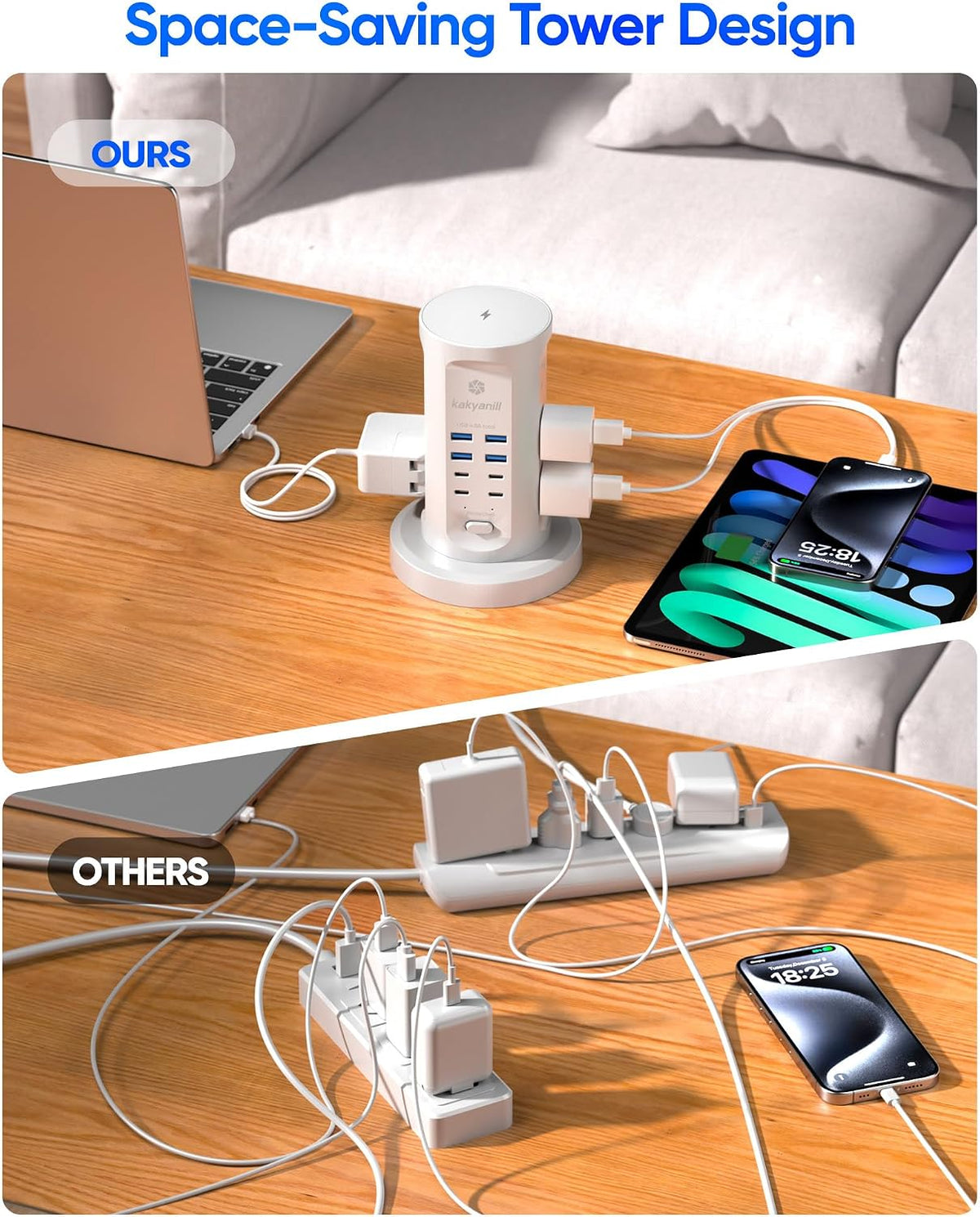 ultra-slim 0.35-inch flat plug with 45° right-angle design for tight spaces behind furniture
