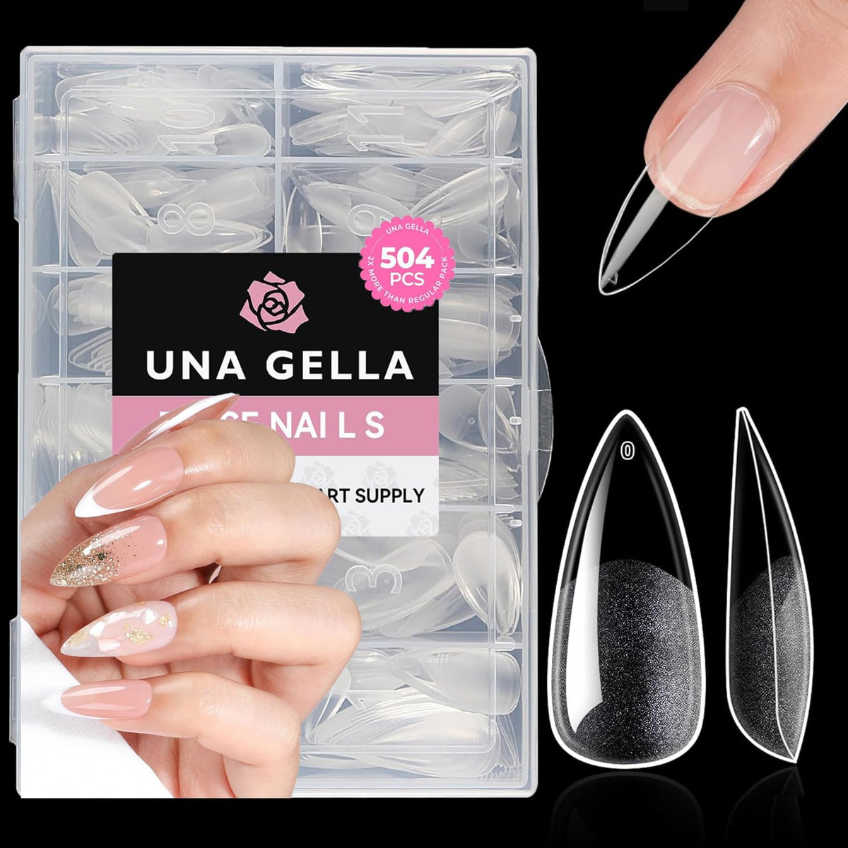 UNA GELLA Medium Stiletto Nails Tips,504Pcs Press-on Nails Stiletto Clear Gel Nail Tips, Full Cover Pre-Etched Fake Acrylic Nails, Sturdy for Nail Extensions Home Art Salon 12 Sizes