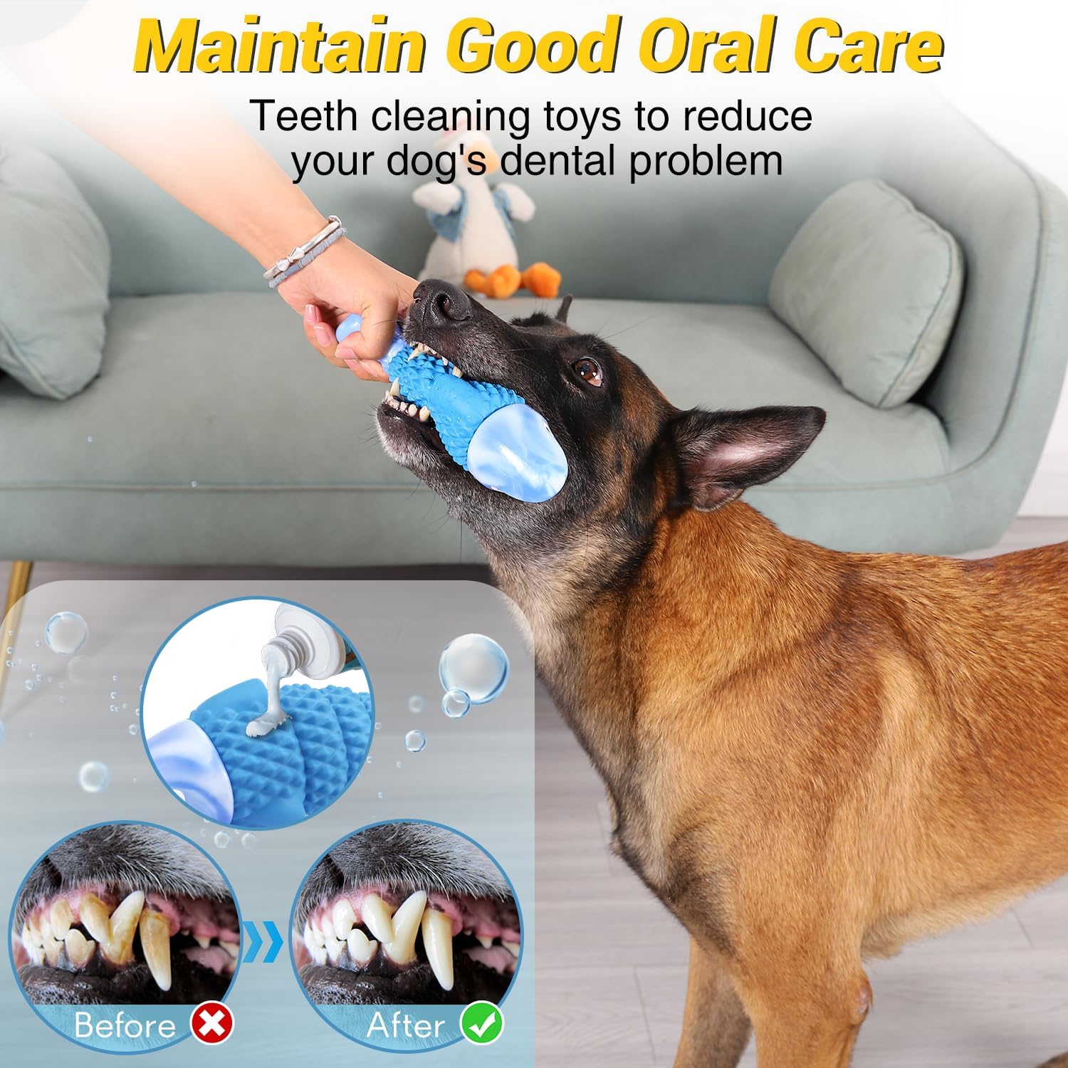 uneven rubber texture designed for teeth cleaning when combined with toothpaste or peanut butter