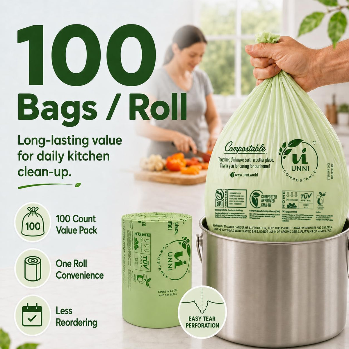 UNNI Biodegradable Bags – Clean-Looking 13 Gallon Kitchen Pail Liners for Simple Routines