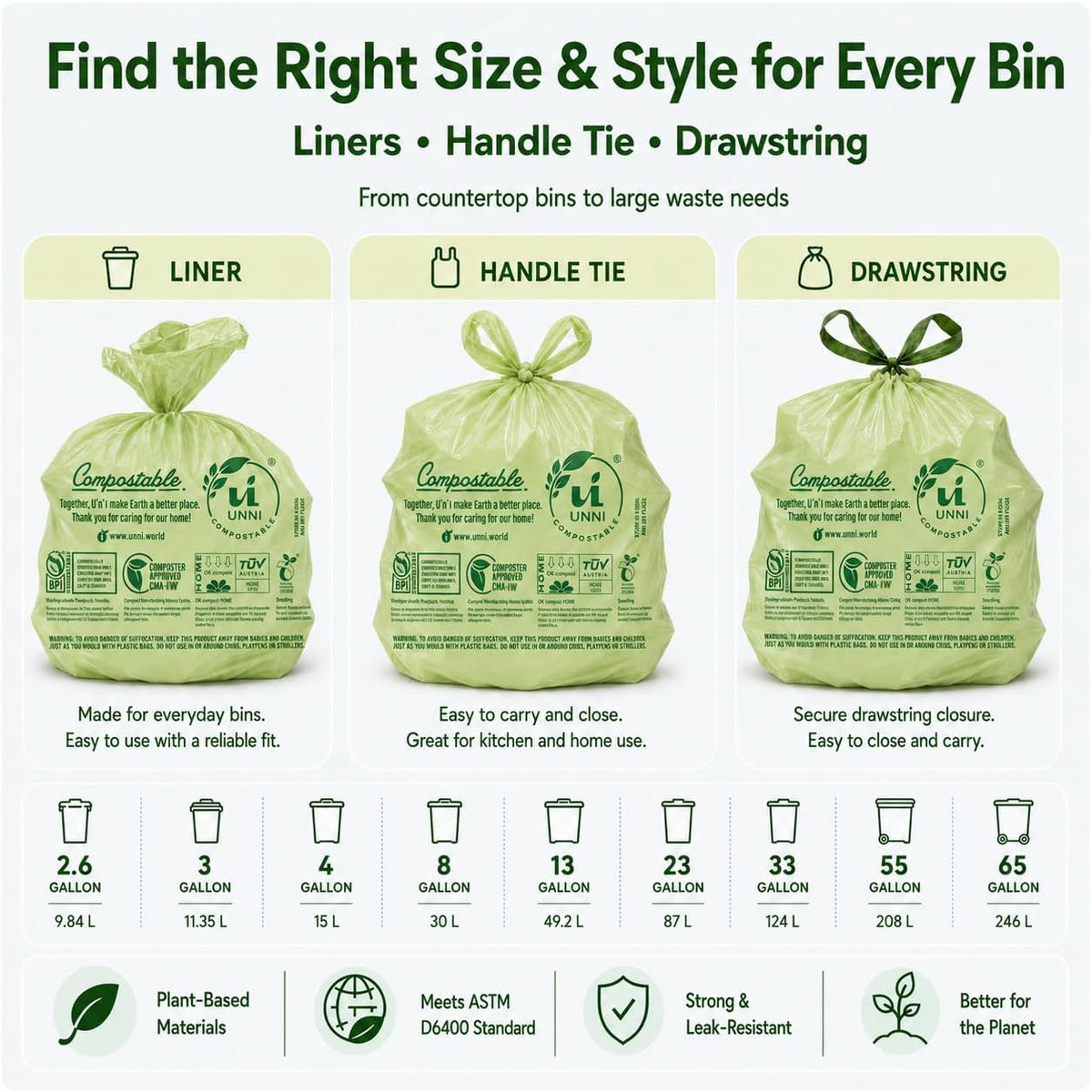 UNNI Biodegradable Bags – Clean-Looking 13 Gallon Kitchen Pail Liners for Simple Routines