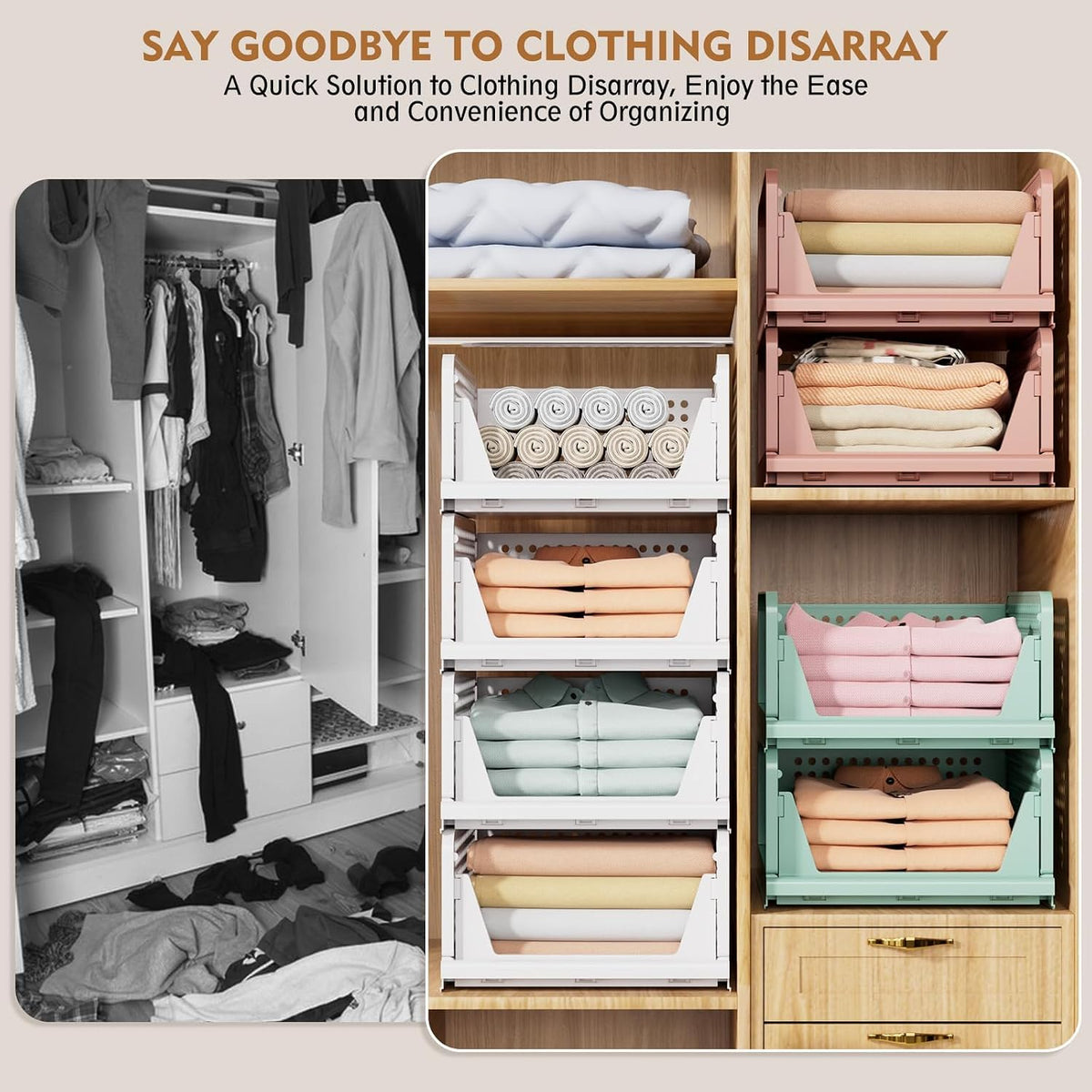 Upgraded Closet Organizers and Storage – Clean Design Dorm Room Storage, No-Tool Stackable Organizer Bins 5-Pack Neutral